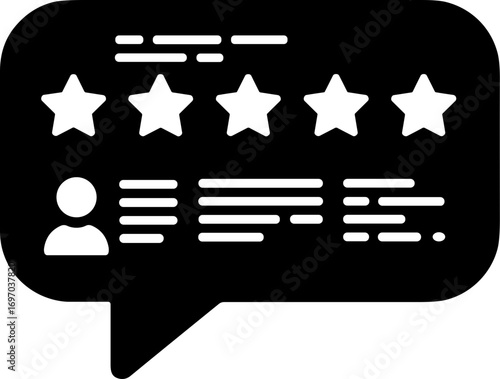 User review with five stars and text in speech bubble design  