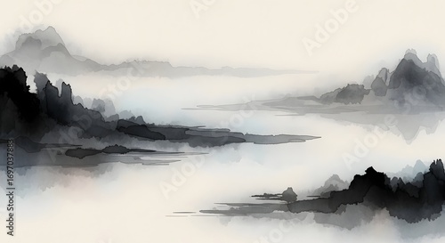 Wallpaper Mural Chinese ink wash landscape texture with subtle brush strokes and misty abstract tones for artistic backgrounds Torontodigital.ca