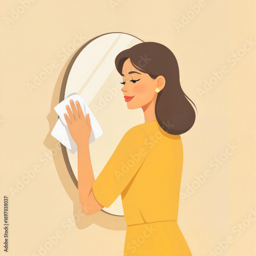 Lady polishing glass surface, satisfied look — serene mood