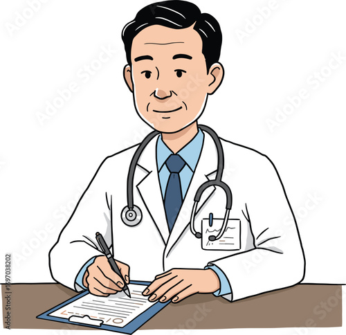 Male doctor writing on clipboard, medical professional at desk, healthcare worker with stethoscope, medical consultation, hospital office, vector illustration.
