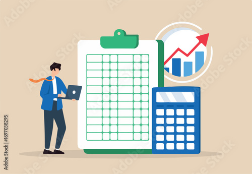 Go to Page
|Prev12345...17Next
Flat illustration of accountant use calculator and spreadsheet to produce report for financial analysis