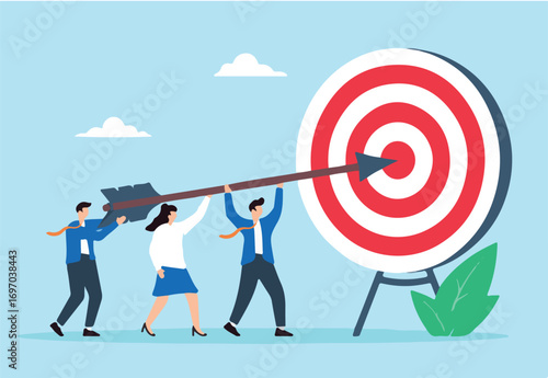 Flat illustration of business team pushing giant arrow to hit bullseye target for corporate mission and team success