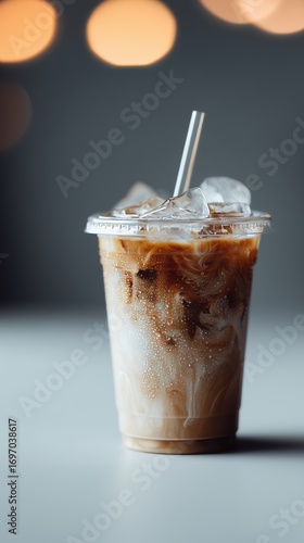 Close-up of a creamy iced coffee in a plastic cup with straw, highlighting the swirls and ice cubes.