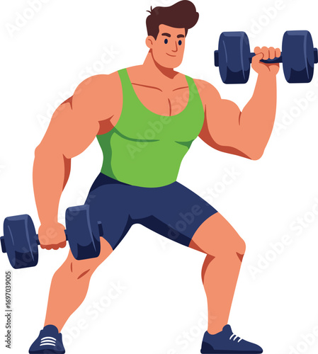 Strong muscular man lifting dumbbells during workout, fit male athlete training with weights, gym exercise vector illustration isolated