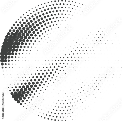 Radial circular halftone dot gradient vector abstract design with fading monochrome sphere and geometric swirl pattern clean grayscale texture for modern background uses