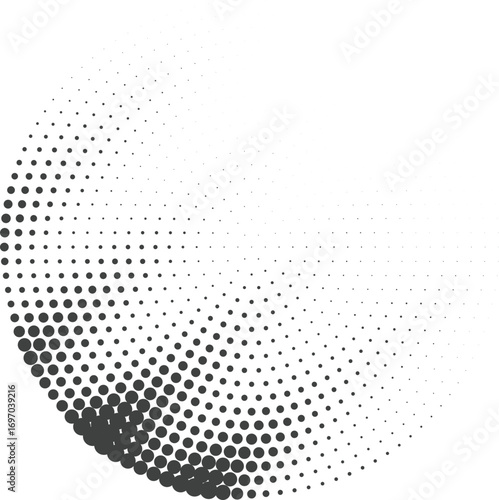 Radial circular halftone dot gradient vector abstract design with fading monochrome sphere and geometric swirl pattern clean grayscale texture for modern background uses