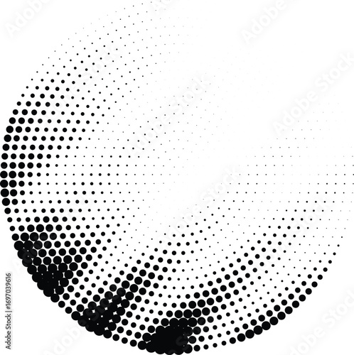 Radial circular halftone dot gradient vector abstract design with fading monochrome sphere and geometric swirl pattern clean grayscale texture for modern background uses