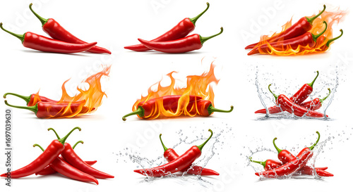 Fototapeta Naklejka Na Ścianę i Meble -  Creative image of red chili peppers combined with fiery flames and water splashes symbolizing hot and spicy flavor with freshness. Ideal for spice advertising hot sauce labels and culinary artwork