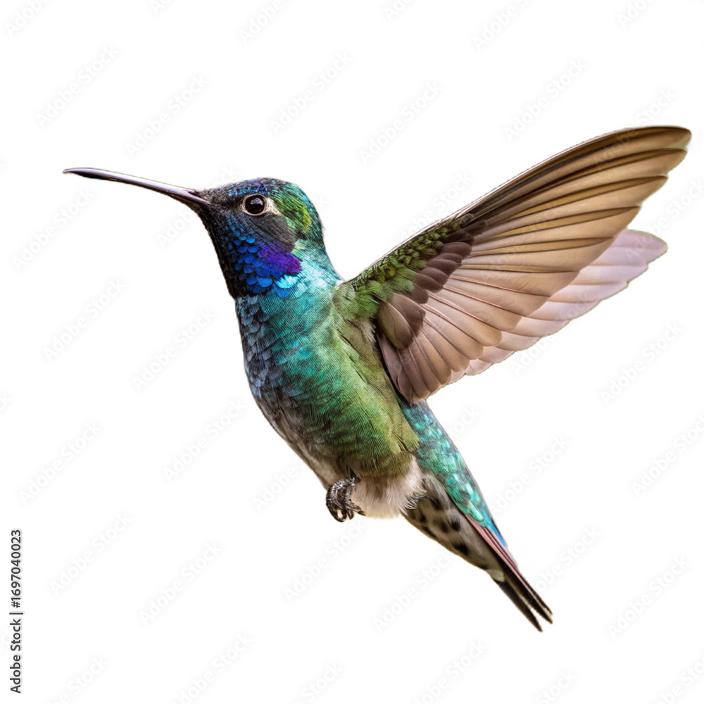 Obraz premium Vibrant hummingbird hovering with iridescent feathers and delicate wings, capturing nature's swift beauty