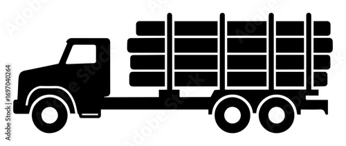 Black and white illustration of a minimalist timber truck icon on a white isolated background. Vector graphics. EPS.