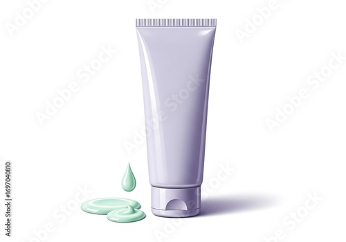 Purple cosmetic cream tube with green cream spilling out, isolated on white background
