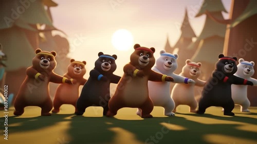 Animated dancing bear group in sunlit forest lineup for kids illustration.