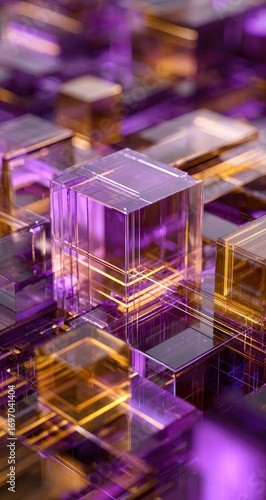 Abstract geometric pattern of translucent cubes in purple and gold