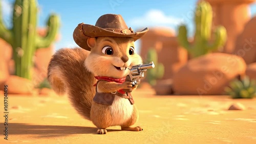 Cute cartoon squirrel dressed as a cowboy aiming a toy pistol in a desert landscape.