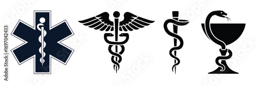 Medical and Healthcare Symbols Collection – Vector Caduceus, Rod of Asclepius, and Bowl of Hygieia