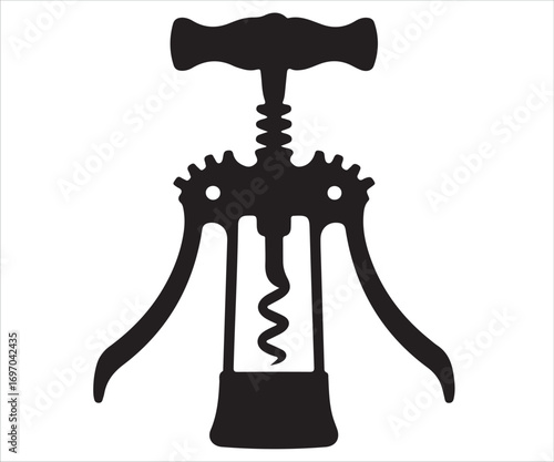 Silhouette of corkscrew wine opener with lever arms and spiral screw, vintage bottle opener illustration, bar tool for sommelier, kitchen accessory, alcohol service equipment, drinking culture, and ho