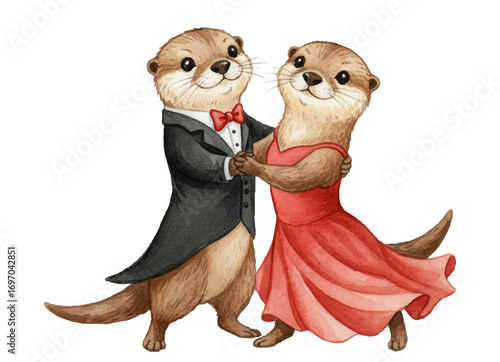 Dancing otter couple in formal clothes performing ballroom pose. Elegant anthropomorphic otters dancing tango in tuxedo and red dress, ideal for romantic, whimsical or children’s themed illustrations.