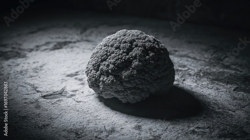 Broccoli head on floury surface