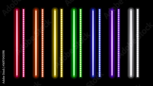Neon LED Light Tubes and LED Strip Lights Set – Realistic Fluorescent Glowing Vertical Lamps in Red, Orange, Yellow, Green, Blue, Purple, and White Vector Illustration