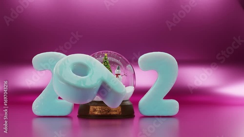 A crystal snow globe with a snowman, Christmas tree, and gifts forms the zero in the year 2026. A magical Christmas and New Year greeting animation.