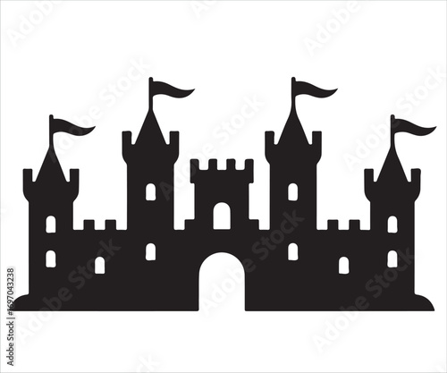 Silhouette of medieval castle with towers and flags illustration