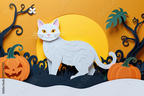 Paper cut, paper art for Halloween background. A whimsical paper cutout scene featuring a white cat, pumpkins, and a bright sun against a colorful backdrop.