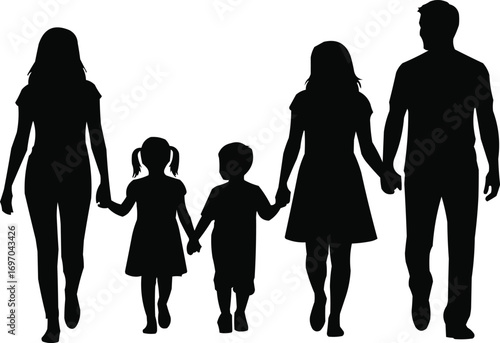 Silhouette of a Family Holding Hands – Two Adults and Two ChildrenSilhouette of a Family Holding Hands – Two Adults and Two Children