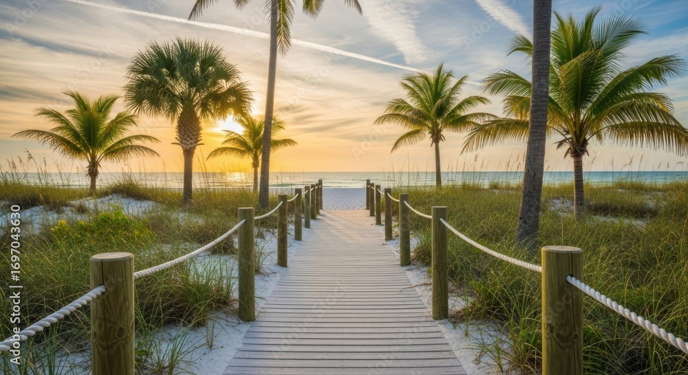 Fototapeta premium A wooden boardwalk leads through sandy dunes and palm trees towards a serene beach at sunset