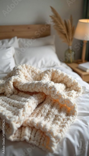 Cozy knitted blanket draped over a bed, inviting and warm, perfect for a peaceful night's sleep  Soft textures and neutral tones create a serene atmosphere , bed, warm, wool