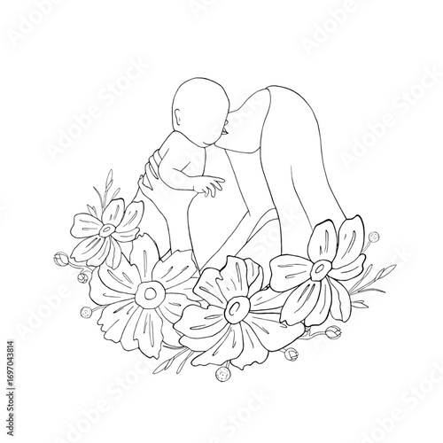 Mom kiss her baby with anemone flowers card. Mother picked up child in her arms. Graphic vector illustration, line art. Motherhood, Mother Day holiday. Bud for postcards, parenthood articles