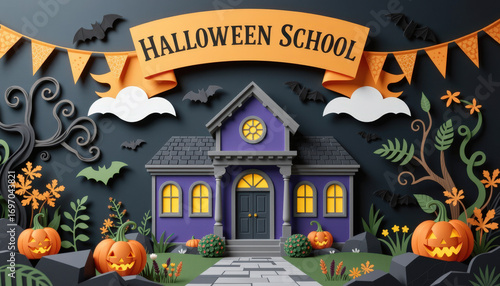 Paper cut, paper art for Halloween background. Colorful Halloween-themed school scene with pumpkins, bats, and decorative elements, perfect for festive seasonal designs.