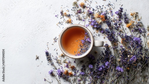 Wallpaper Mural Cup of tea with dried lavender and herbs on a white textured surface Torontodigital.ca