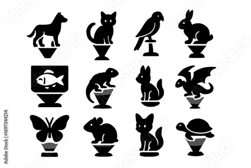 Floating icons virtual vector parrot glowing pet stand hologram icon holographic display