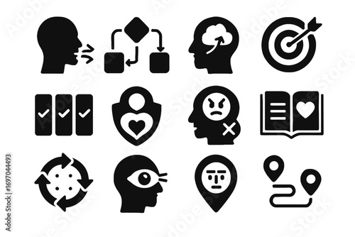 Builder therapeutic gratitude decision tool management path icon affirmations cycle vector set