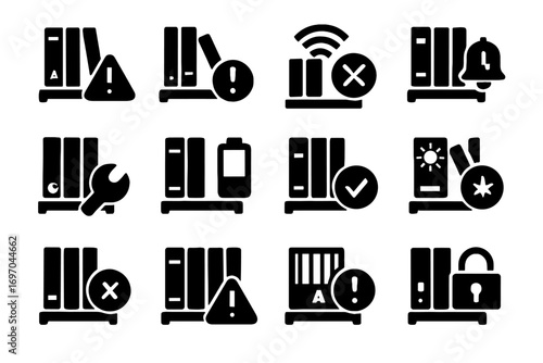 Icon battery level request smart shelf system bookshelf alignment error vector alert