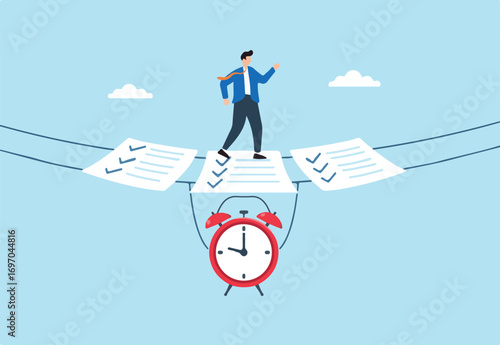Flat illustration of businessman walking on checklist bridge suspended by alarm clock for concept of time management and task planning