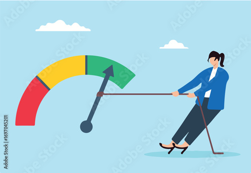 Flat illustration of strong businesswoman pull string on rating gauge to reach excellent credit score customer feedback performance quality control