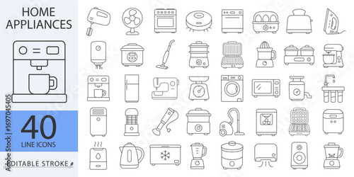 A set of 40 home appliances icons in minimalist style with editable stroke. Kitchen device collection, household objects, cooking equipment, cleaning tools, electric gadgets