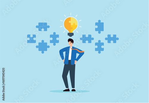 Flat illustration of businessman analyzing floating puzzle pieces around glowing lightbulb symbolizing creative thinking and strategic problem solving
