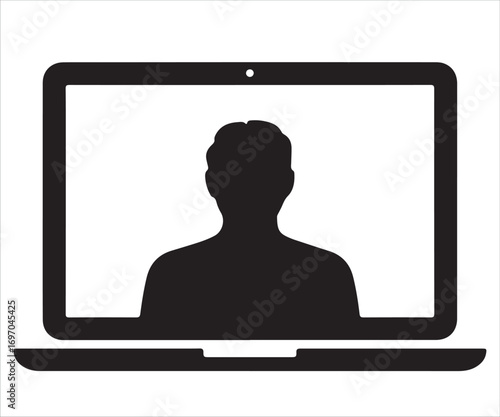 Silhouette of person inside laptop screen representing online meeting, video call, digital conference, remote communication, virtual learning, telework, webinar, internet training, and online collabor
