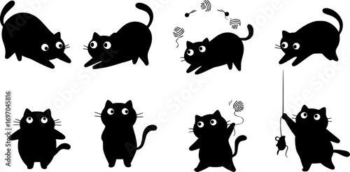 Cartoon black cats. Funny fat cat in different poses and situations. Isolated flat wall stickers design, crazy kitty characters. Adorable racy vector kittens
