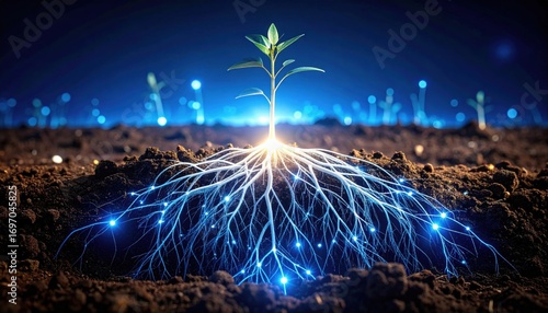 A young plant with a glowing root system connected by intricate blue and white light threads growing from the dark ground, with other small seedlings in the background. A concept of biotechnology 