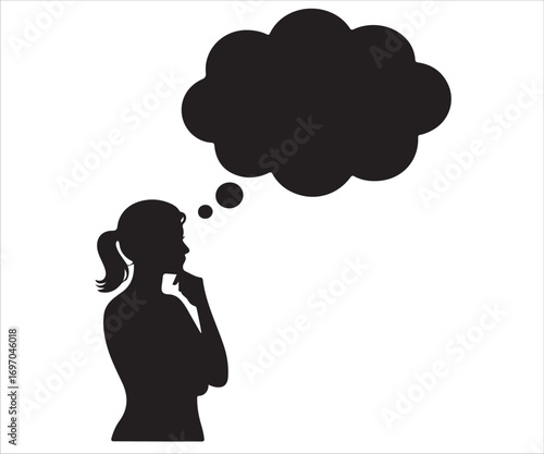 Silhouette of woman in side profile thinking with finger on chin and large thought bubble above head, creative brainstorming, imagination, idea generation, decision making, psychology, inspiration, or