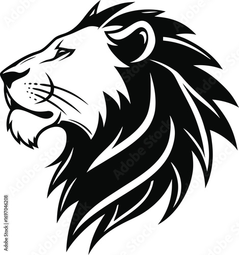 Stylized Lion Head Silhouette Mascot Vector, Fierce Lion Head Outline Illustration, Regal Jungle King Lion Silhouette Design, Bold Lion Face Mascot Graphic