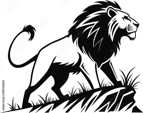 Stylized Lion Head Silhouette Mascot Vector, Fierce Lion Head Outline Illustration, Regal Jungle King Lion Silhouette Design, Bold Lion Face Mascot Graphic