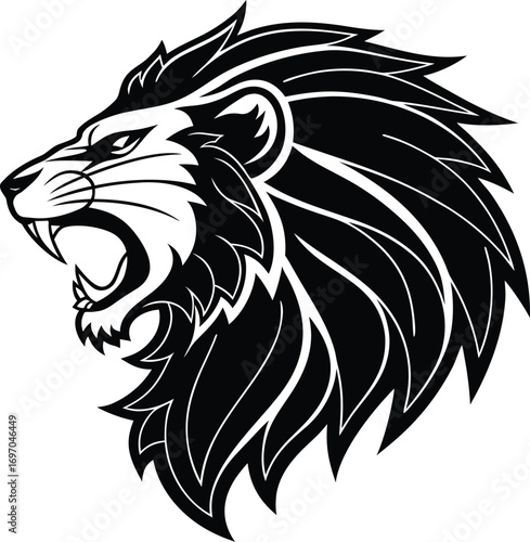 Stylized Lion Head Silhouette Mascot Vector, Fierce Lion Head Outline Illustration, Regal Jungle King Lion Silhouette Design, Bold Lion Face Mascot Graphic