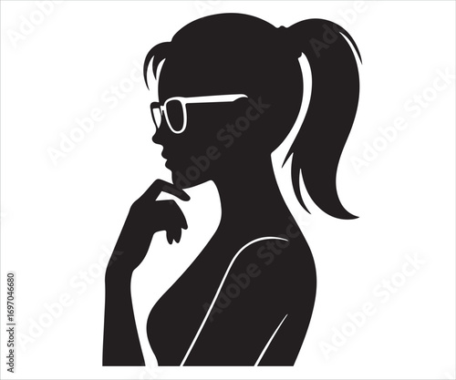 Silhouette of woman in glasses thinking with finger on chin