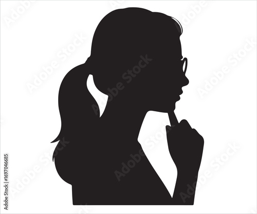 Silhouette of thoughtful woman in glasses touching chin with finger, side profile portrait, young female contemplating idea, decision making, brainstorming, inspiration, focus, psychology, or reflecti