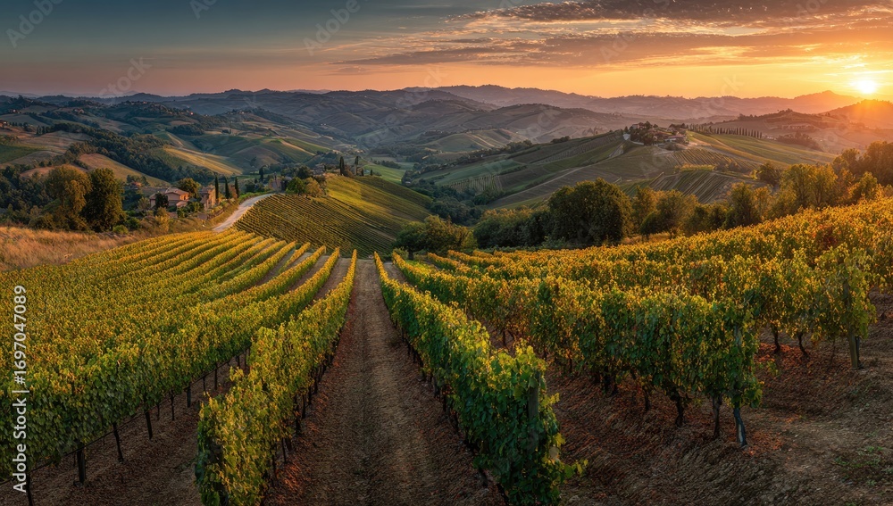 Fototapeta premium Panoramic vineyard landscape at sunrise. Rolling hills, rows of vines, golden light