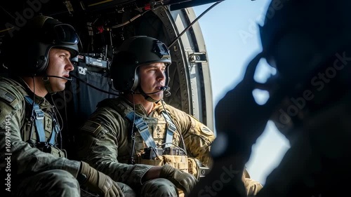 Two soldiers flying in an open military helicopter, one man pointing outside, on a clear day, military operation footage.